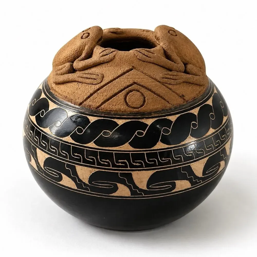 Handmade Costa Rica Pottery Frog Vessel Vase Black Terracotta Folk Art 4.5”